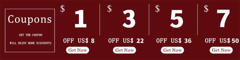 red coupon banner with white text advertising discounts of 1, 3, 5, and 7 dollars off on the gold angel number 7 necklace product page
