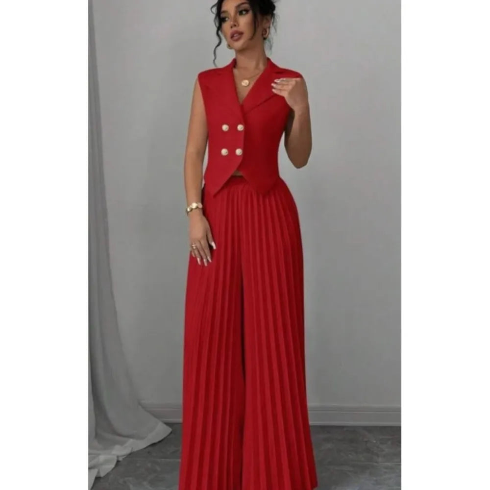 Elegant Formal Women Vest Trousers 2 Pieces Spring New Fashion Retro Wide-leg Pleated Pants Slimming Sleeveless Vest Female Set