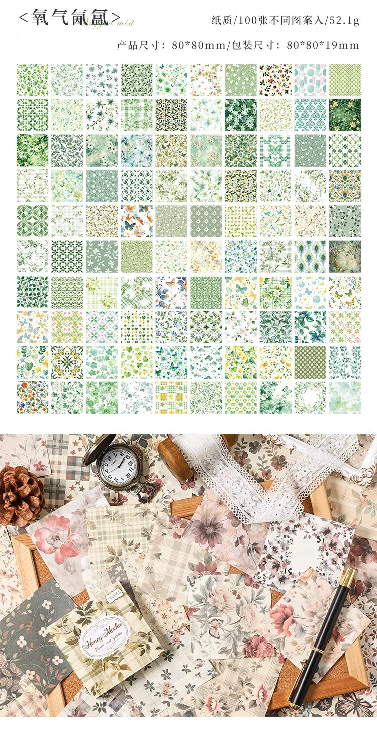 A vintage scrapbooking paper collection featuring 100 assorted green-toned floral and botanical patterned sheets packaged in a slim rectangular box with vintage-style labeling.