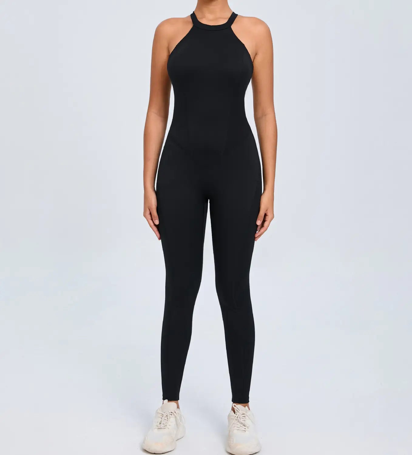 Black high-necked one-piece athletic jumpsuit with sleek form-fitting design shown from the back for workout and fitness use.