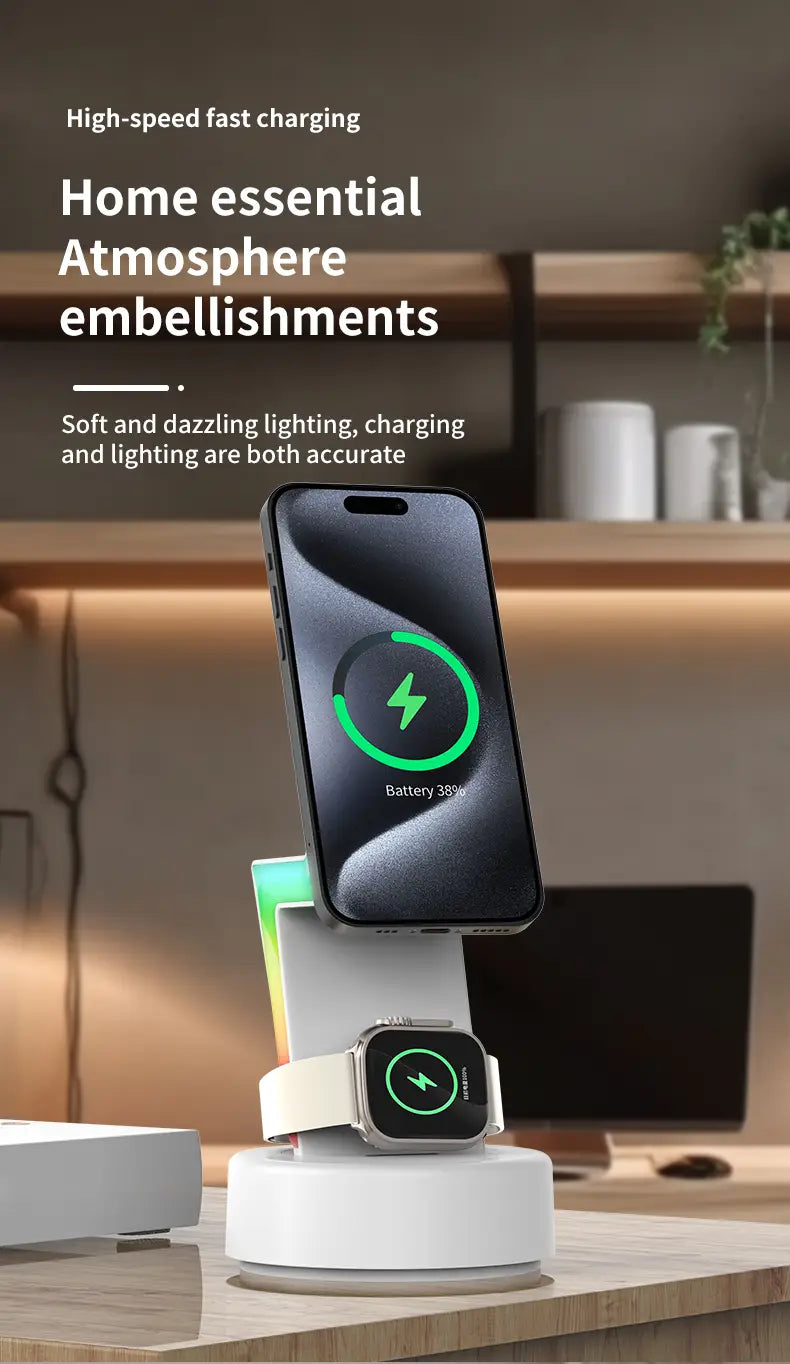 White multi-device wireless charging 3 in 1 rgb stand with integrated led lighting and magnetic design offering efficient wireless charging output power.