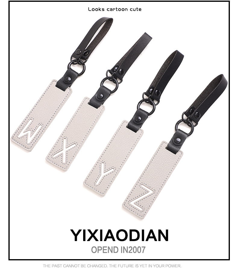 Black and light gray leather luggage tags with stitched edges featuring white embroidered letters as letter keychain leather alphabet pendant party gift.