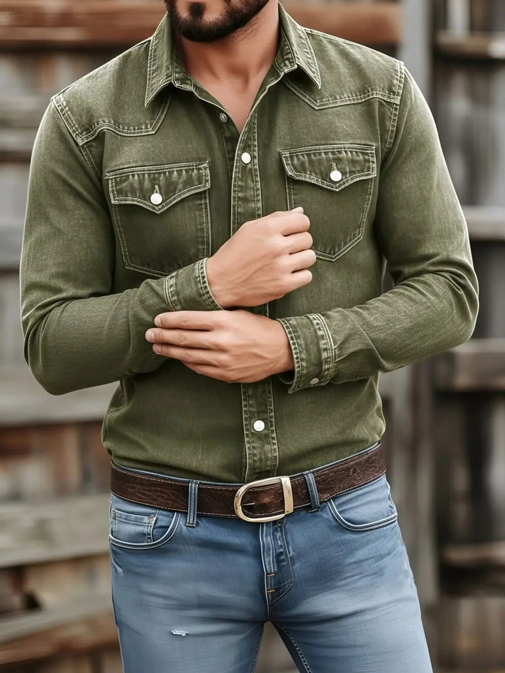 Men’s vintage olive green denim shirt with two chest pockets and white buttons designed for casual workwear.