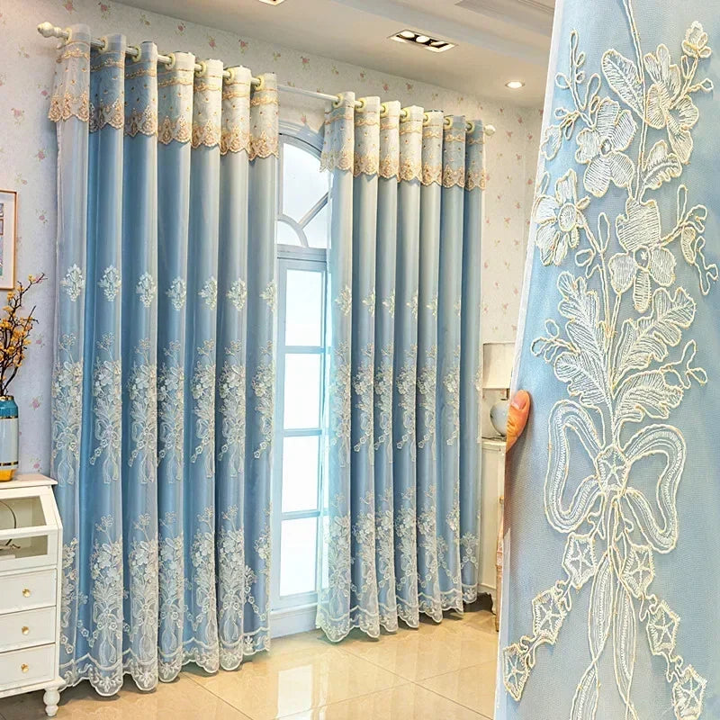 European Luxury Curtains for Living Room Bedroom  Embossed Embroidered Double-layer Blackout Cloth Gauze Integrated Custom Tulle