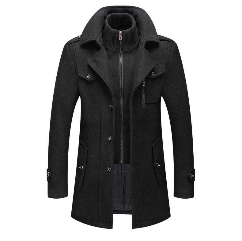 Schwarzer Woll-Trenchcoat für Herren mit Doppelkragen, hohem Kragen, Frontreißverschluss und geknöpften Patten-Taschen für den Wintergebrauch modname=ckeditor