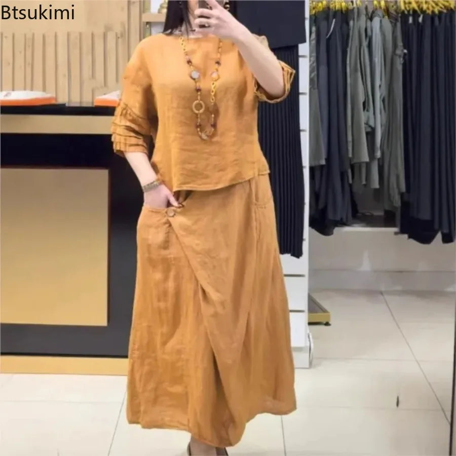2025 New Chic Women's Two Piece Set Casual Solid Color Blouse Top And Loose Midi Skirt Suit 2 Piece Sets Lady Elegant Outfit
