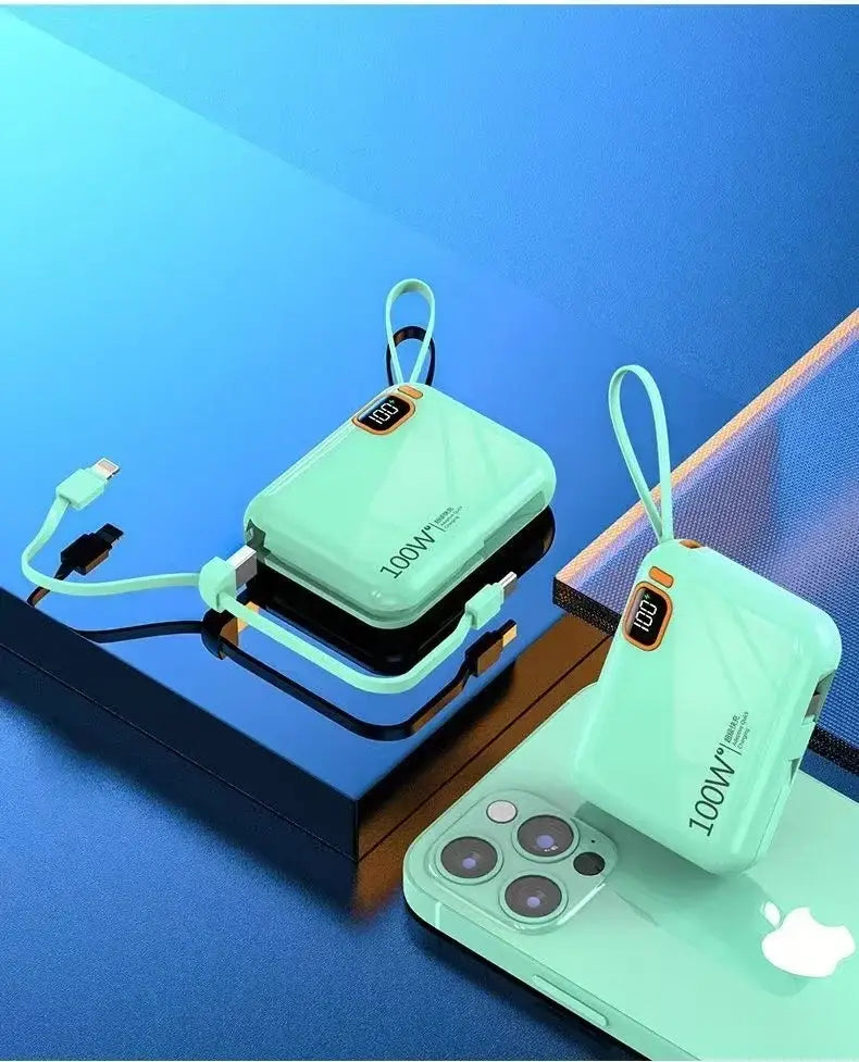 Mint green quick charge power bank 20000mah with built-in usb-c cable and wrist loop for portable charging.