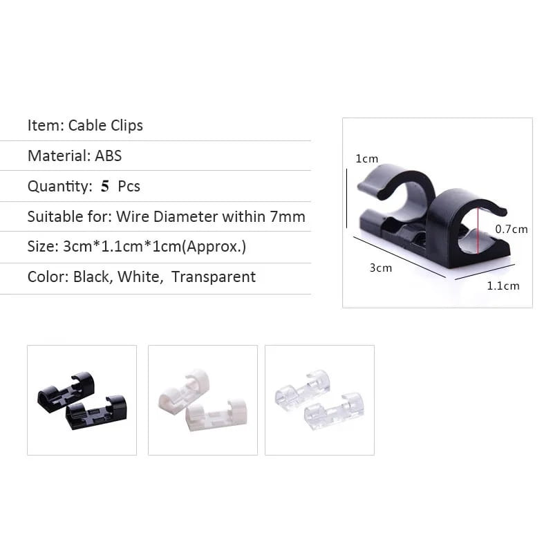 black abs cable organizer clips with a sleek u-shaped design for desktop cord management holding wires up to 7mm in diameter
