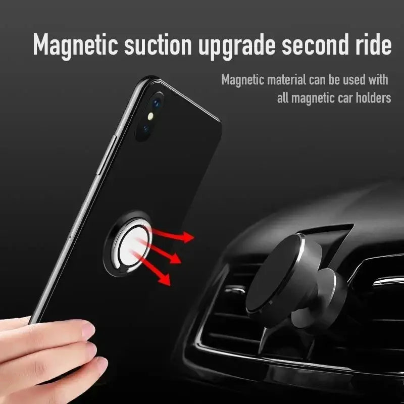 Black magnetic phone holder with finger ring and circular design for secure attachment to car air vents front view