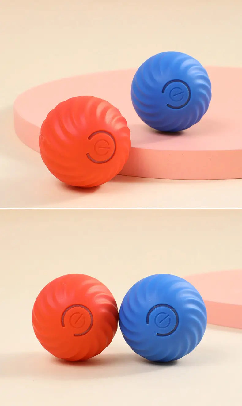orange and blue textured massage balls with a circular logo embossed on each surface shown as front view for interactive dog toys rolling ball rechargeable chase toy accessories feature