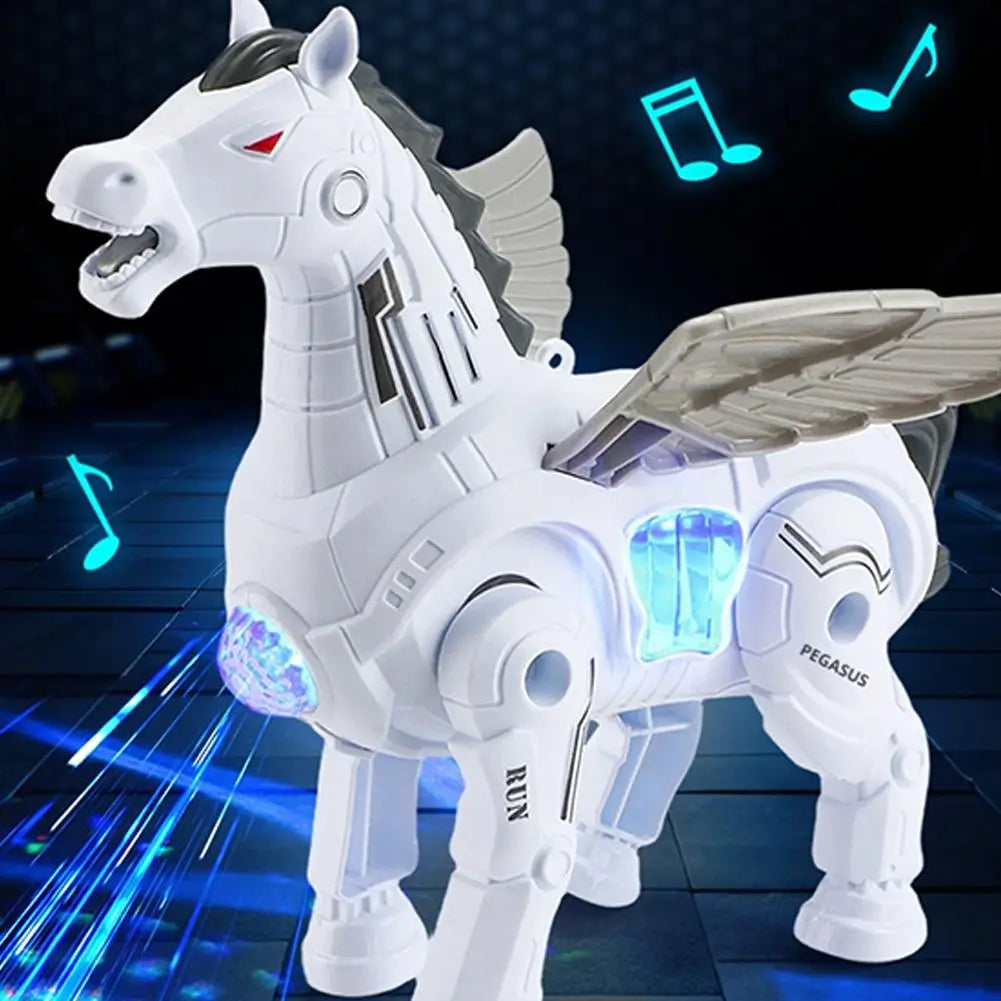 Interactive robotic walking pegasus toy in white with black accents featuring glowing blue lights on its chest and hoof and detailed wings.