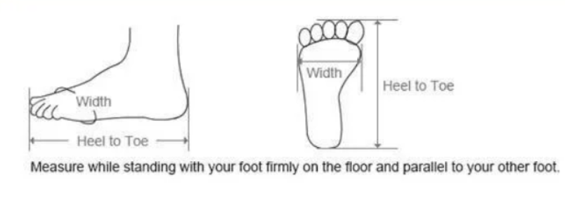 The image shows two schematic diagrams explaining how to measure foot size including width and heel to toe for men light blue oxford dress shoes.