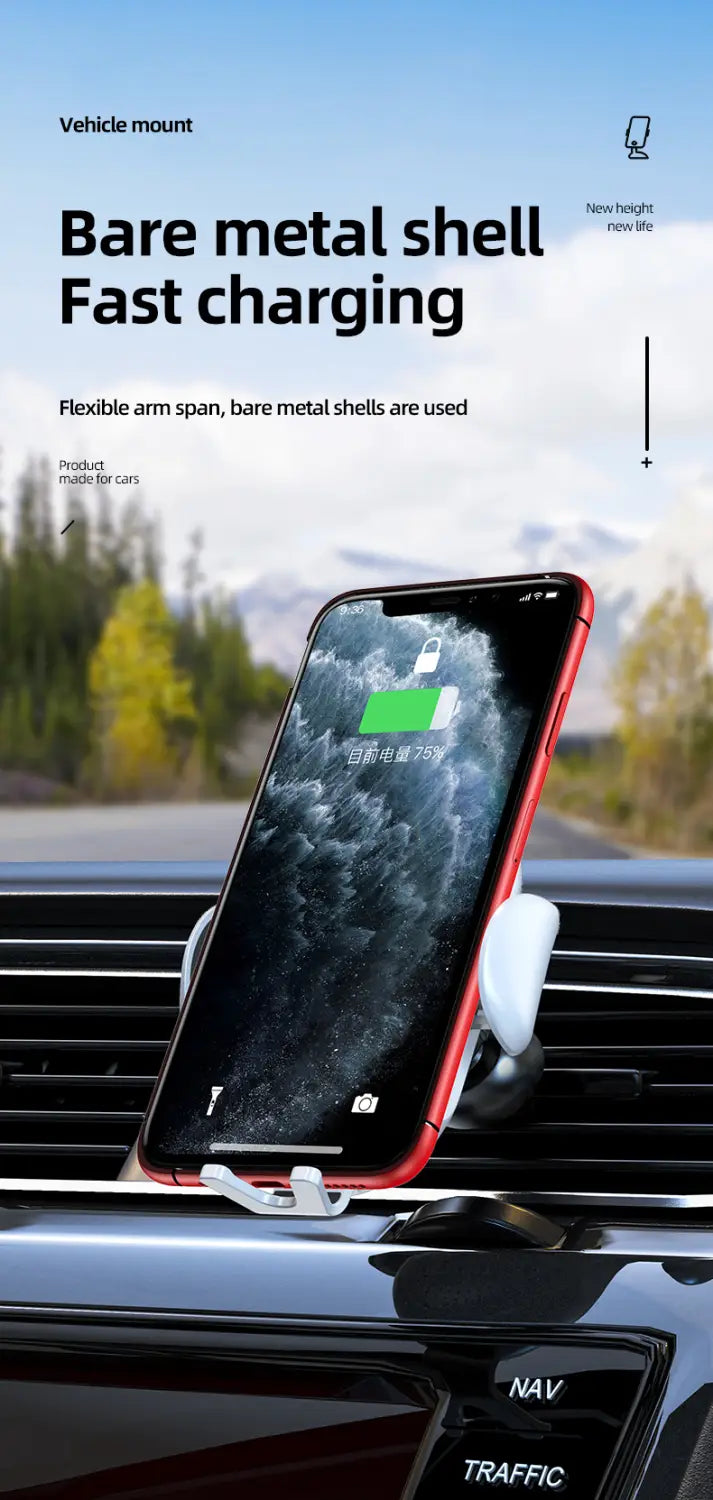 Red smartphone held in a white flexible arm car wireless charger and fast charging mount with bare metal shell design.