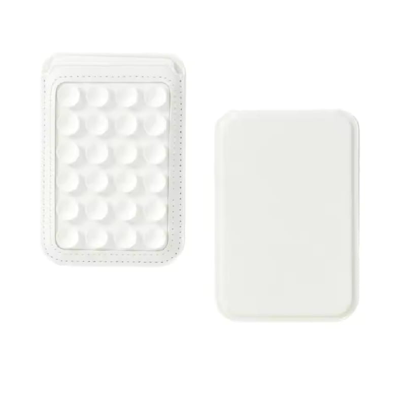 white rectangular foldable magnetic card holder phone stand with textured raised dot pattern on the front and smooth back panel for iphone