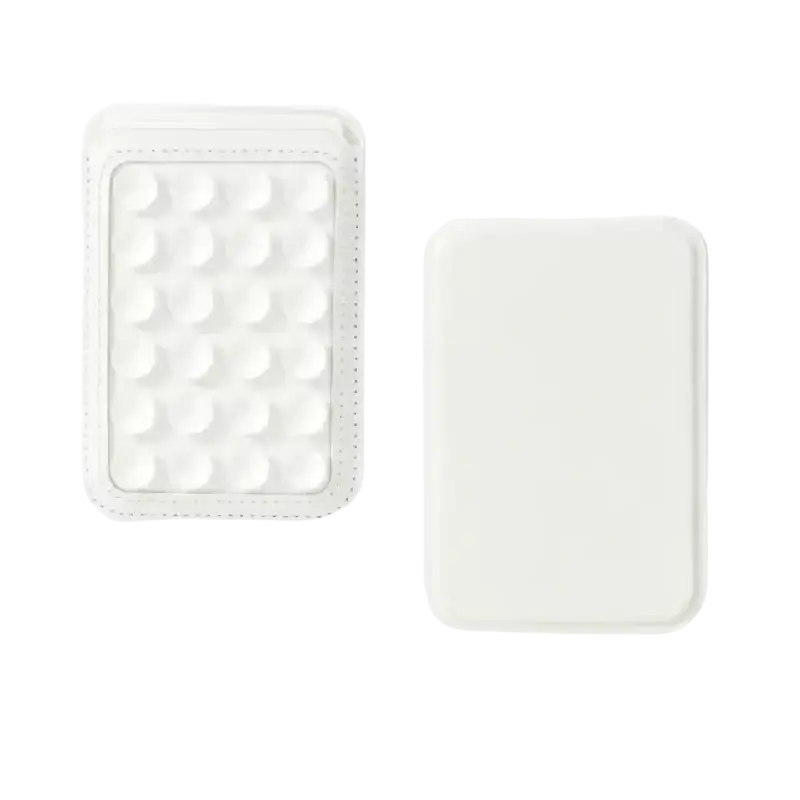 White rectangular MagSafe magnetic card holder with textured grip and stitched edges shown from the front