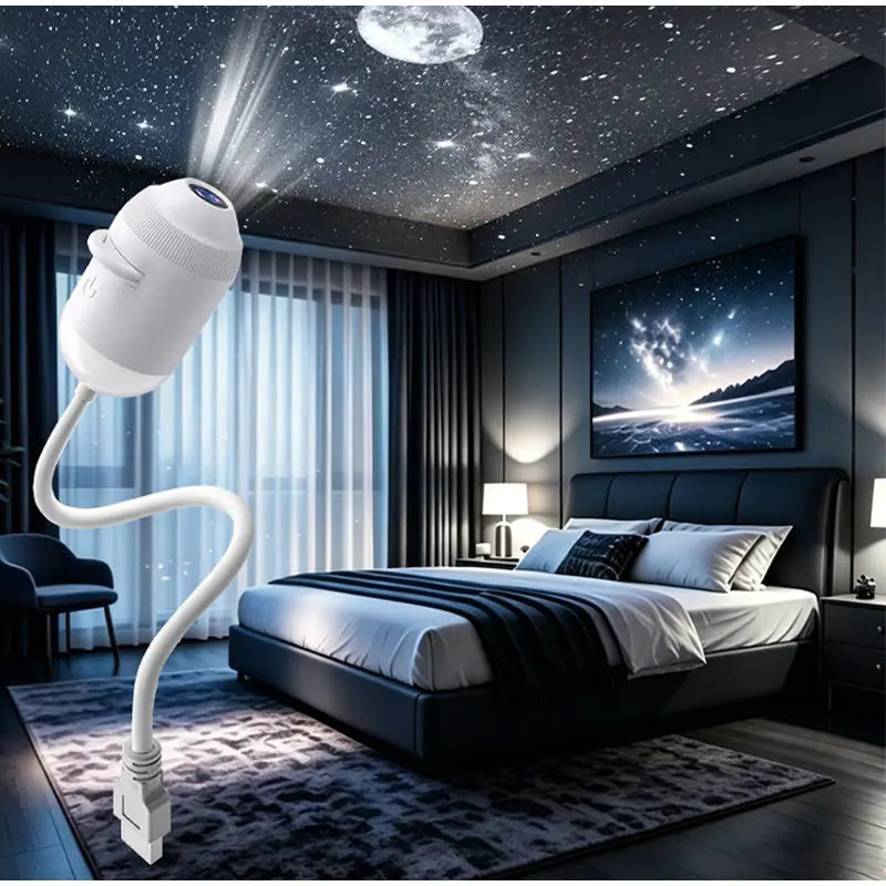 White star projector with flexible gooseneck arm designed as a starry sky night light atmosphere lamp projecting celestial patterns onto ceilings.