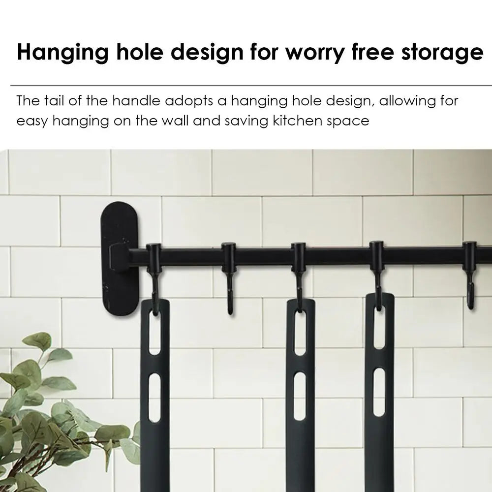 black metal kitchen utensil rack with hanging hooks and wall-mounted bracket for organizing camping kitchen utensils set nylon cookware