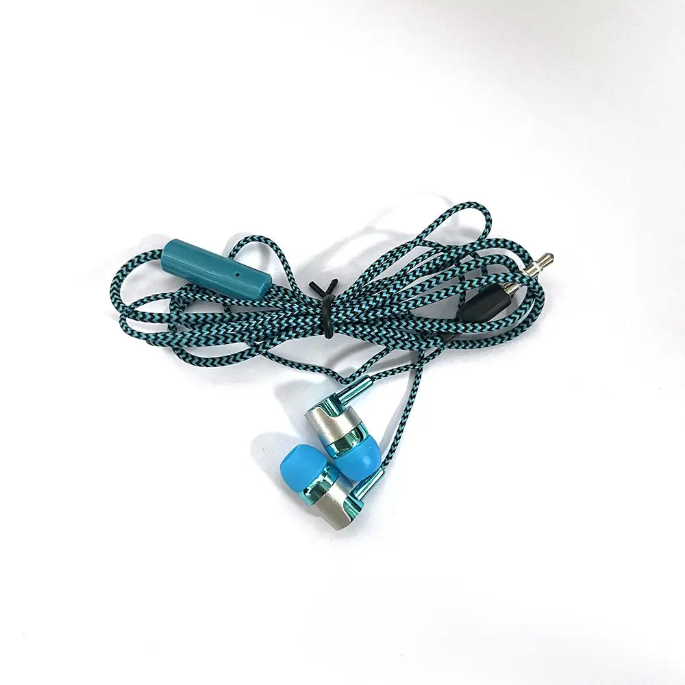 Teal and silver wired in-ear headphones with blue silicone ear tips and a braided cable designed for bass stereo sound with mobile phone compatibility.