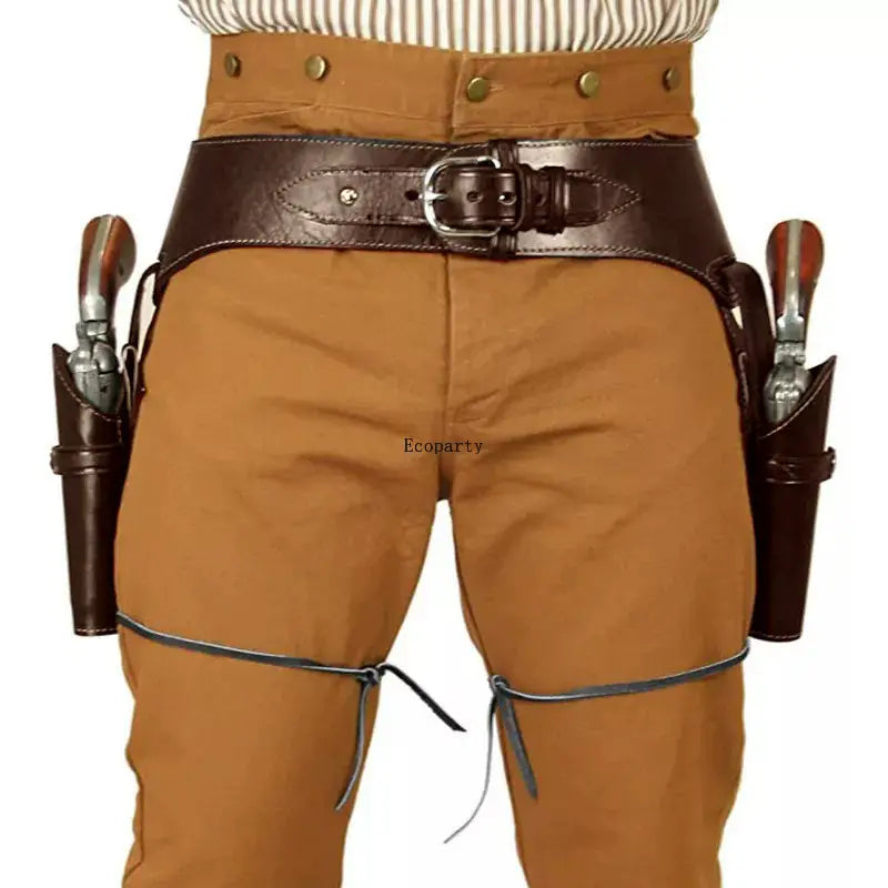 brown leather renaissance cowboy double belt revolver holster with silver-toned buckle brass-colored studs and two gun holsters on either side designed as a captain waistband renaissance accessory