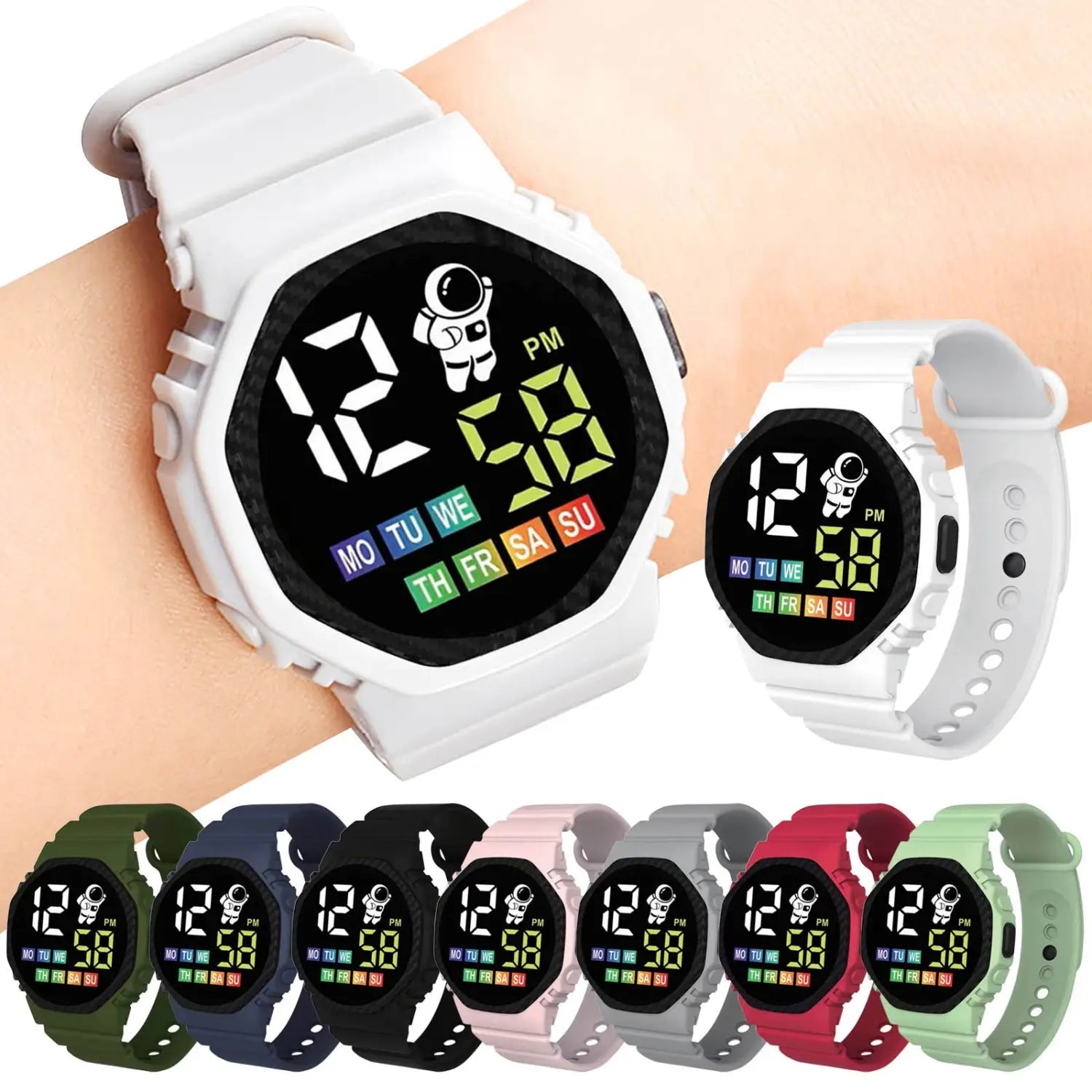 White kids waterproof LED digital astronaut watch with a black screen featuring a colorful day and time display and an astronaut design.
