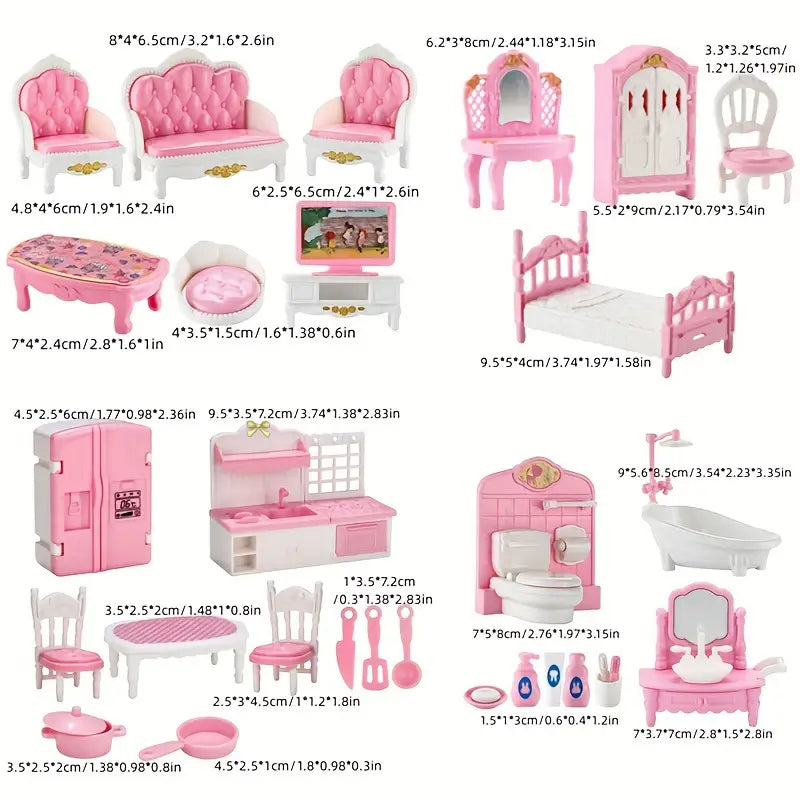 Rosa- und weißes Set für Miniatur-Puppenhausmöbel, bestehend aus 1:12, mit 12 Miniaturteilen und detaillierten, kleinformatigen Elementen zur Dekoration des Puppenhauses.