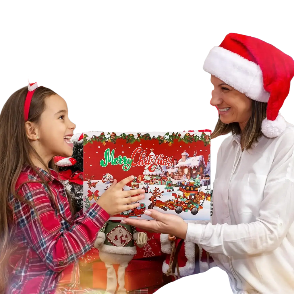 Christmas surprise advent calendar 2025 red and white building block sets box with festive holiday illustrations front view