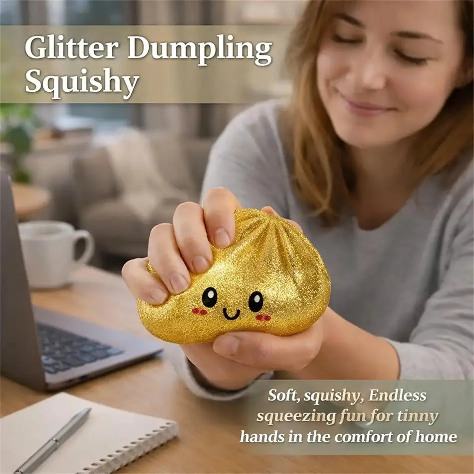Golden glitter dumpling squishy stress relief toy with a cute face shown from the front.