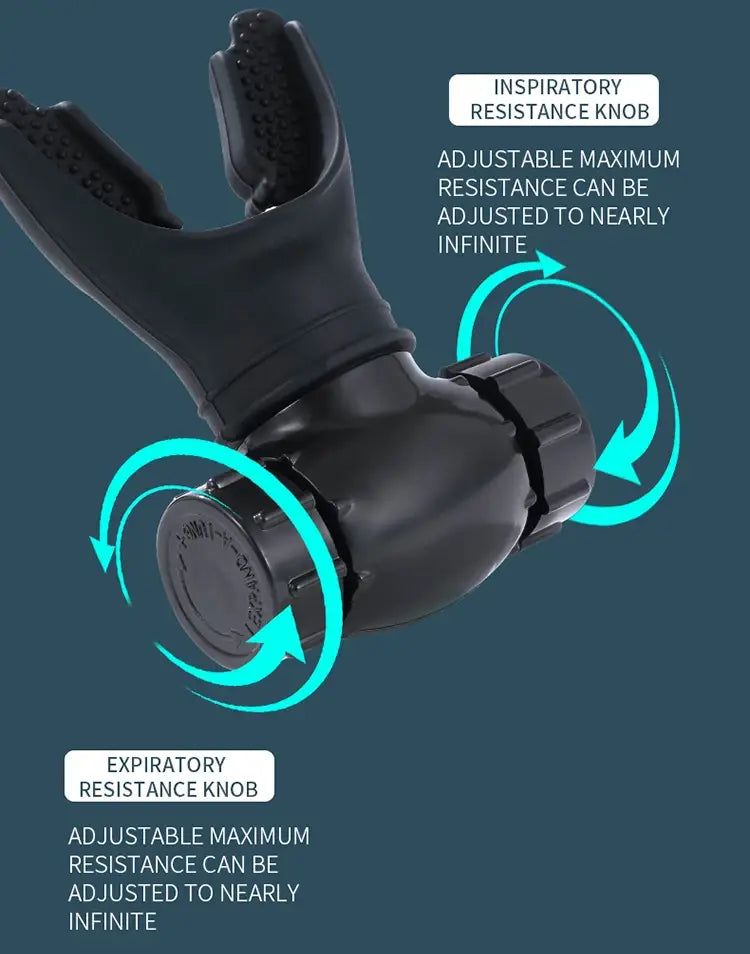 Black silicone respiratory trainer lung fitness device scuba diving mask with adjustable inspiratory and expiratory resistance knobs.