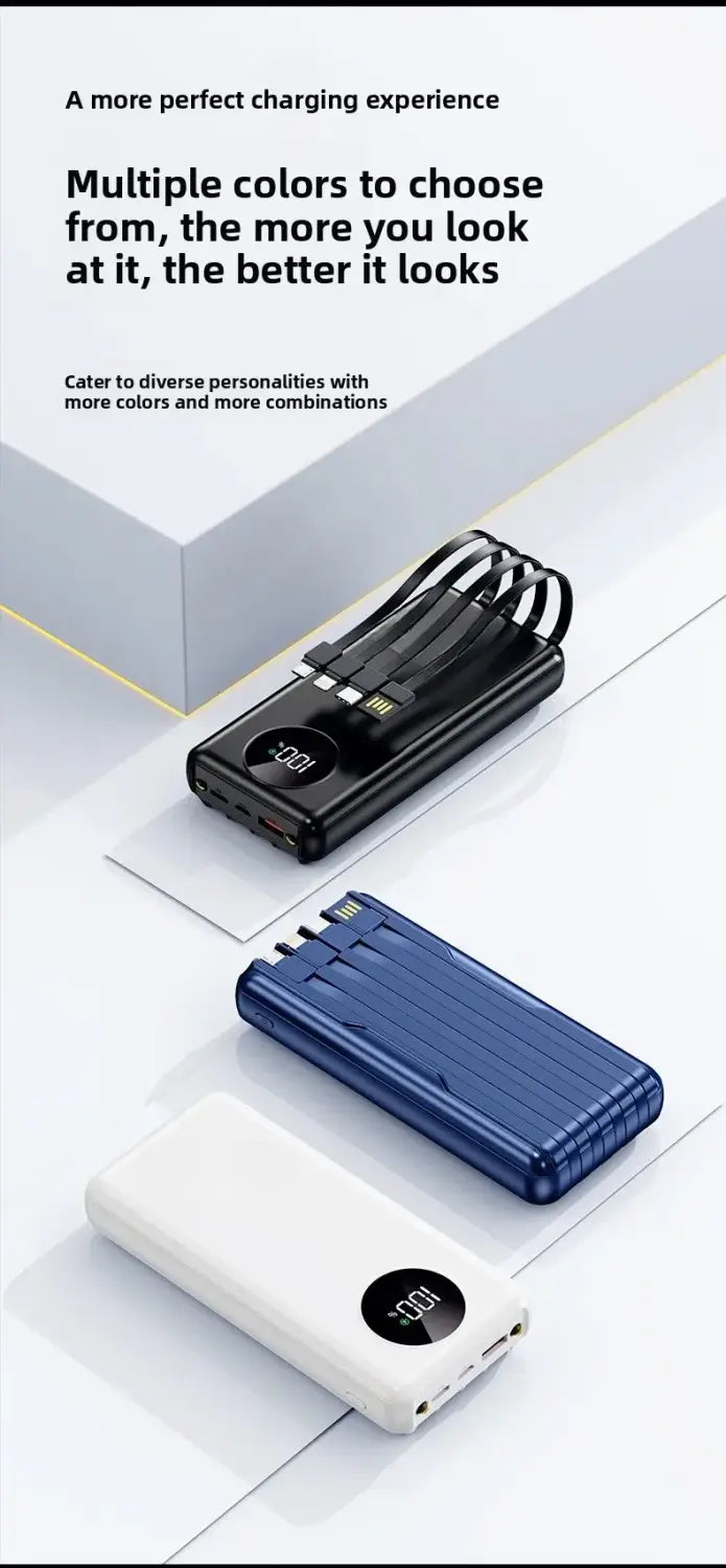 Black, blue, and white rectangular power bank 20000mah with textured surface and circular digital display showing 100 percent for 120w fast charging and 5v2a output.