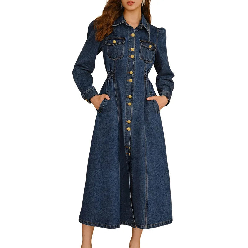 2026 Women's Fashionable Double-Breasted Denim Dress Short-Sleeved Casual Waist Belted New Style
