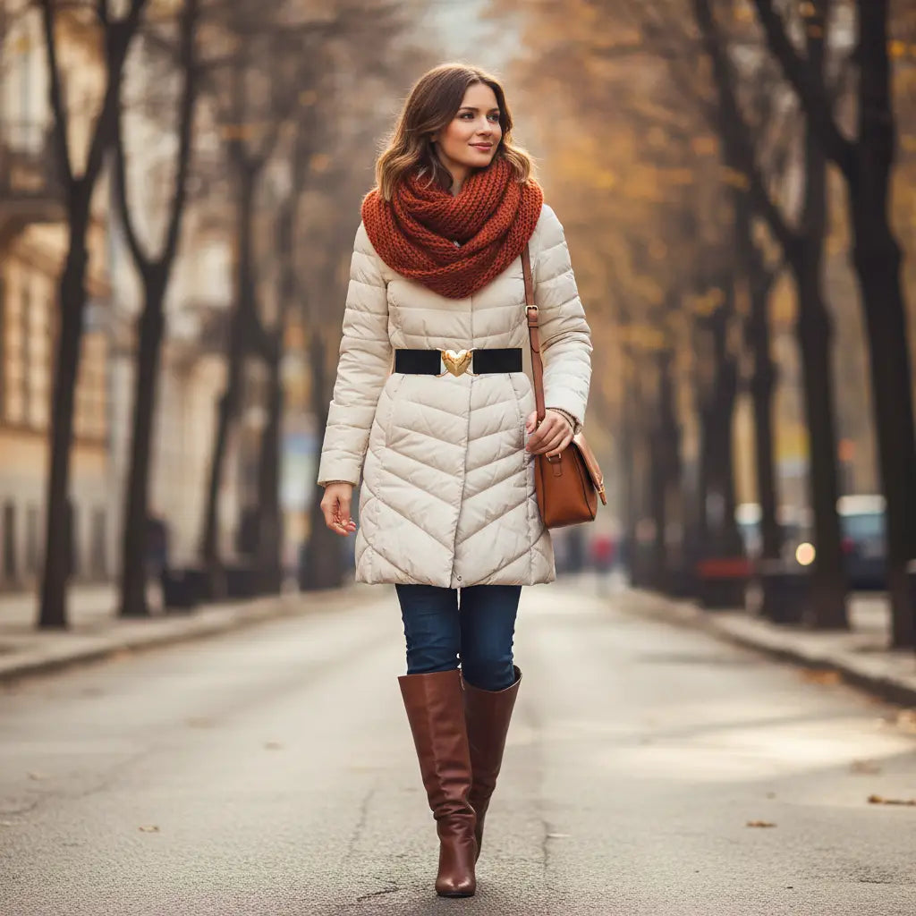 Manteau matelassé couleur crème, avec une ceinture élastique noire et une boucle en forme de cœur à finition ton or pour femme.