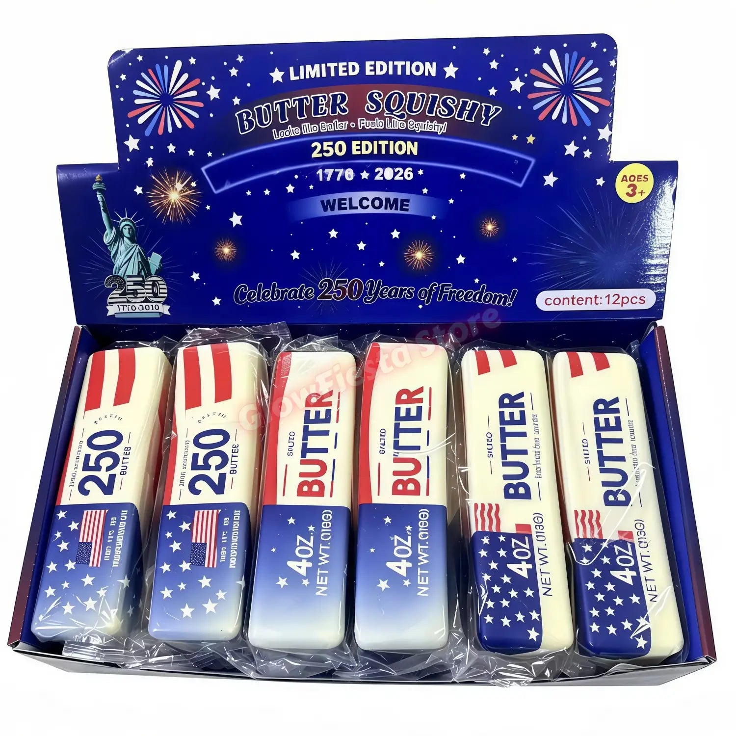 Jouet antistress en bâton de beurre à montée lente bleu et blanc, avec rayures rouges et motif de drapeau américain, pesant 4 oz chacun, en assortiment de 12 pièces.