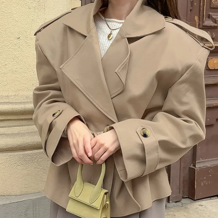 2026 Women Fall Lace-up Cropped Trench Coat Fashion Lapel Long Sleeves Wide Shoulder Windbreaker Jacket Commuting Daily Jackets
