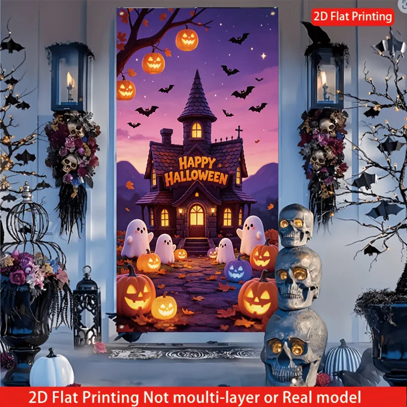 2D Halloween party decor, with a fantasy horror atmosphere style, featuring a castle and bats.zyc