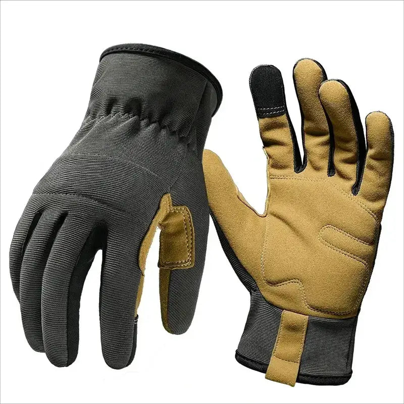 Tan and black touchscreen work gloves for men and women with reinforced palm patches and a snug-fitting wrist strap.