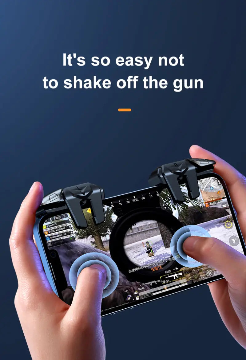 エルゴノミクスグリップとトリガーのようなボタンを備え、プレイをより快適にする、iPhoneおよびAndroid向けのブラック＆ブルーのPUBG Mobile用トリガーコントローラー。
