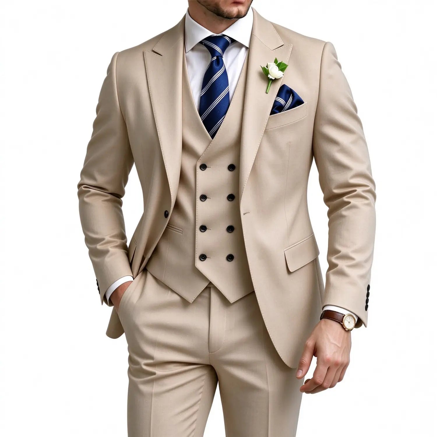 Traje de tres piezas color beige ajustado para hombre con cierre frontal sencillo, que presenta un chaleco de doble botonadura, pantalones a juego y acentos de corbata a rayas azul marino y pañuelo de bolsillo.