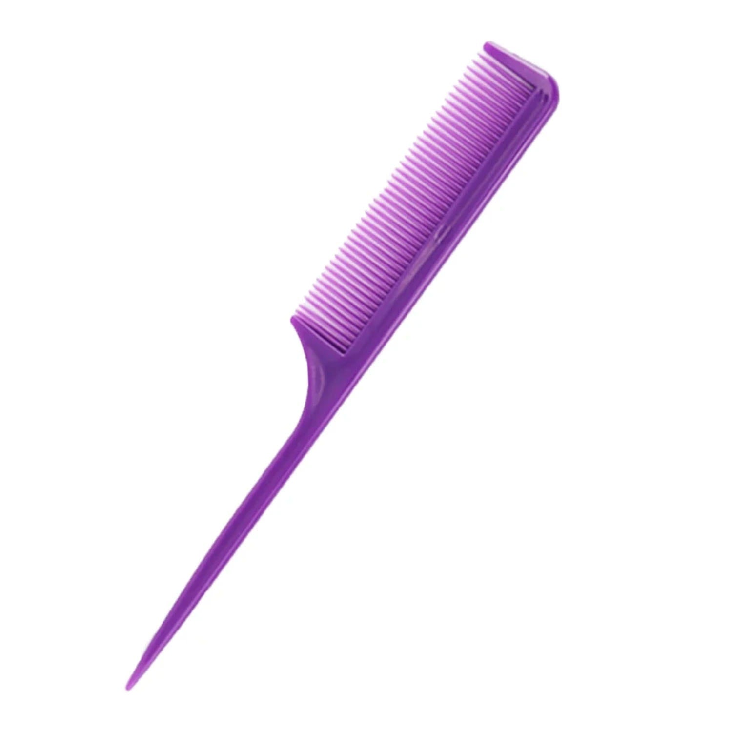 Peigne professionnel de coiffure en plastique violet uni et élégant, à dents fines et à pointe effilée pour le coiffage.