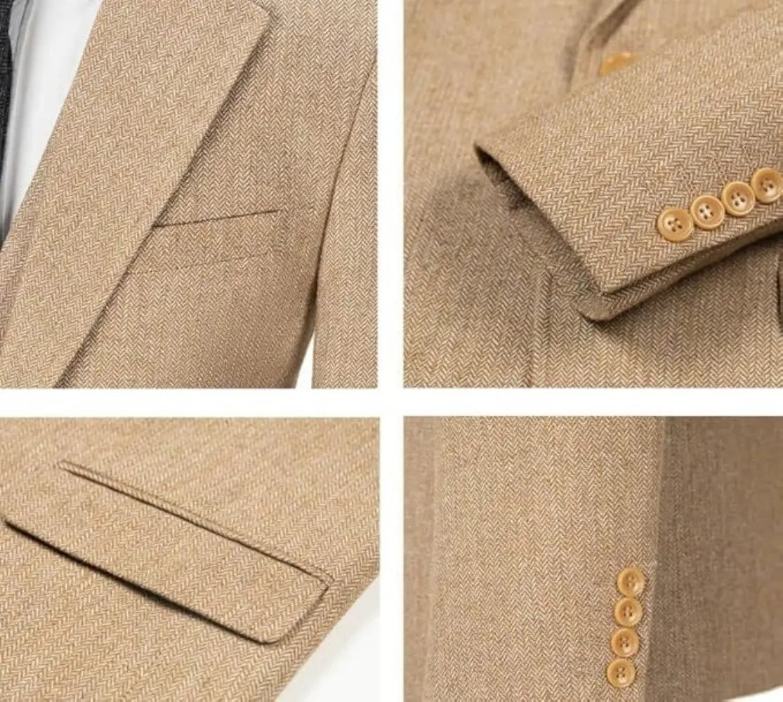 Beiger Hahnentritt-Wollblazer mit passenden hellbraunen Knöpfen, dargestellt in der Größentabelle für den Herren-Hahnentritt-3-teilig-Anzug.