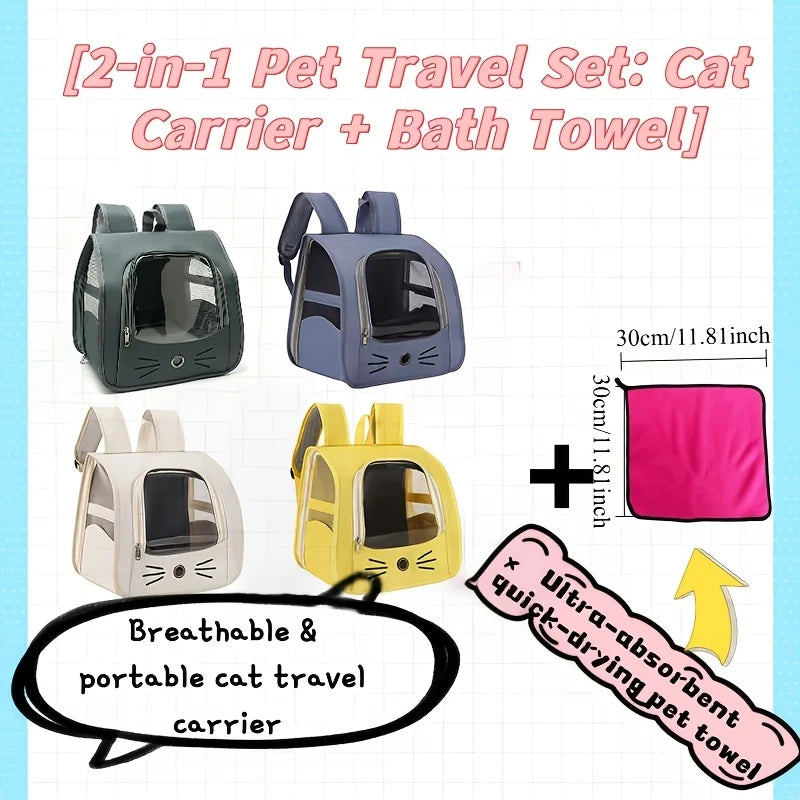 2-Piece Pet Backpack + Towel Set (1 backpack + 1 towel), Pet Travel Bag Set, Portable Pet Carrier with Mesh Window
