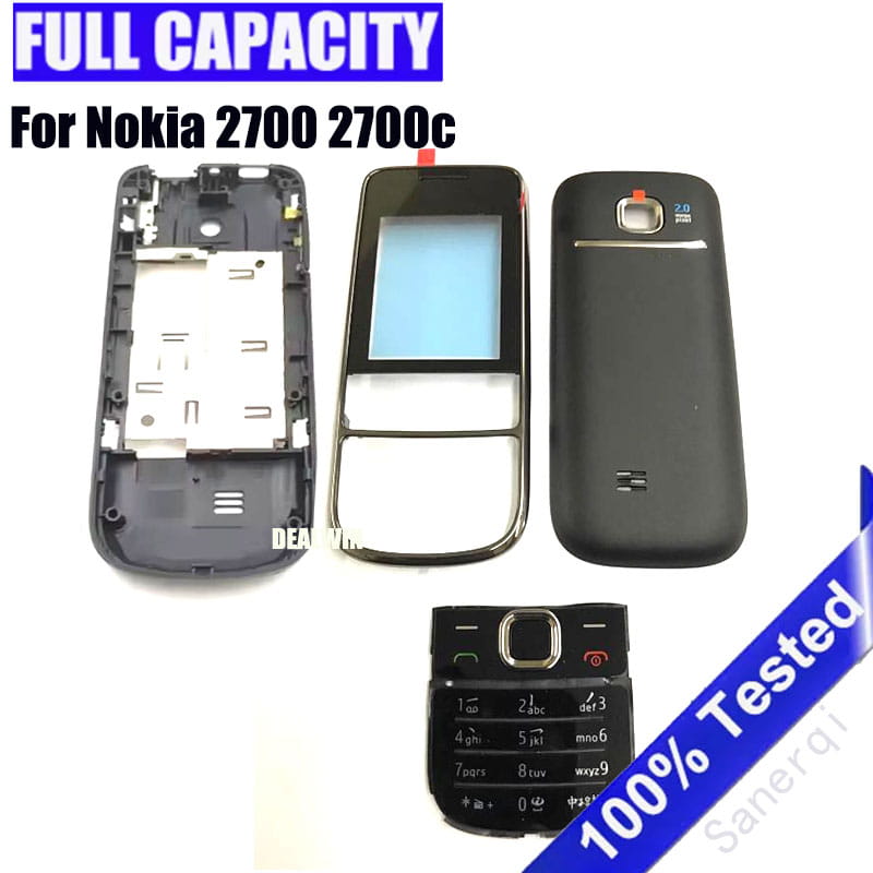 Black plastic replacement casing set for Nokia 2700c mobile phone including front faceplate with screen and back cover.