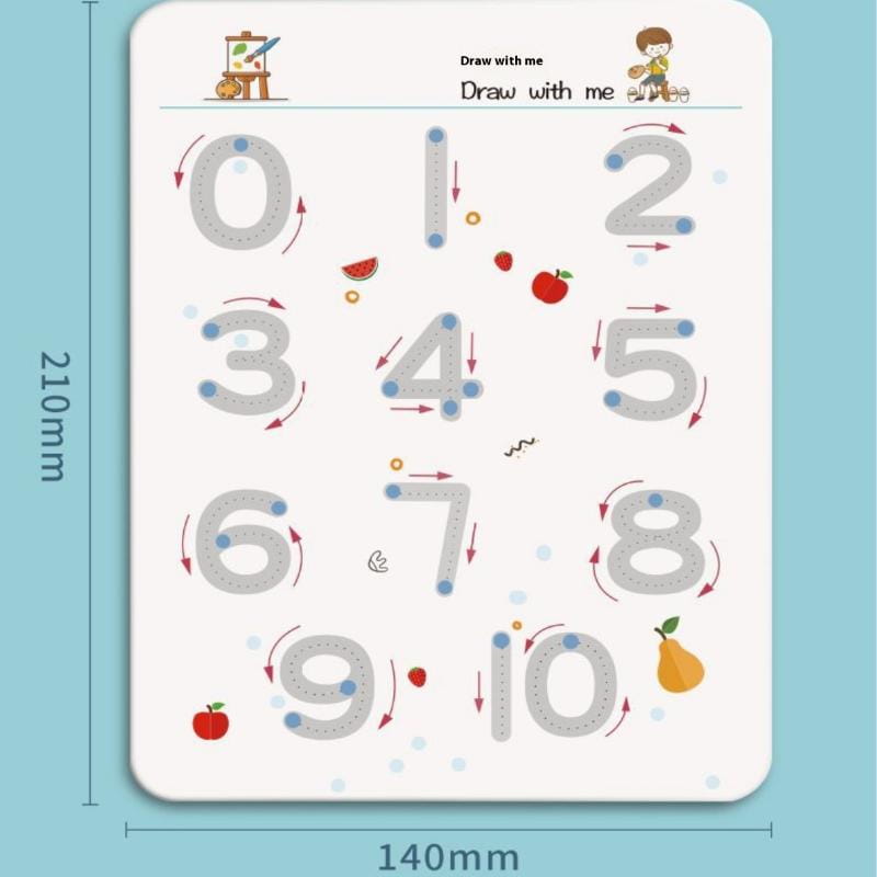 Weiße Nachzeichnungs-Arbeitsblätter für Kinder mit grauen, gepunkteten Zahlenkonturen von 0 bis 10, mit farbenfrohen Obstillustrationen und Richtungspfeilen für Zeichenübungen in einem wiederverwendbaren Nachzeichnungs-Arbeitsheft für Kinder