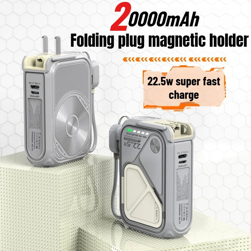 20000mAh Magnetic Power Bank with Plug Phone Holder Multifunctional PD22.5W Wireless Fast Charging for IPhone Magsafe Powerbank