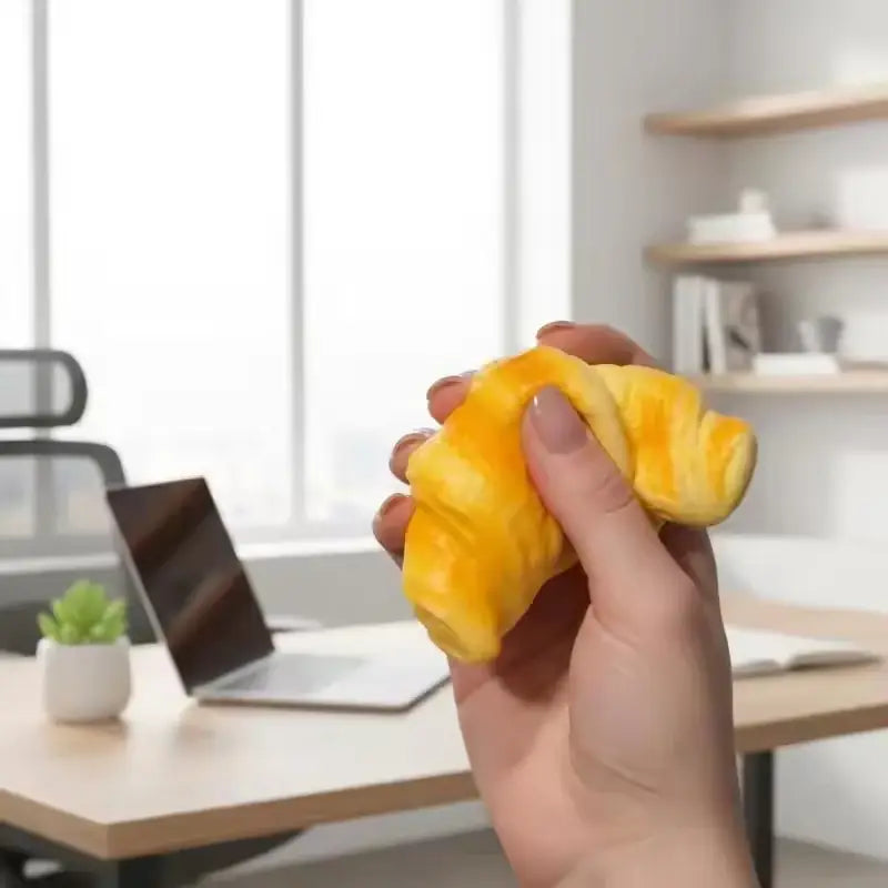 jouet anti-stress en forme de croissant en silicone jaune, boule de stress conçue comme un jouet de pression pour soulager le stress.