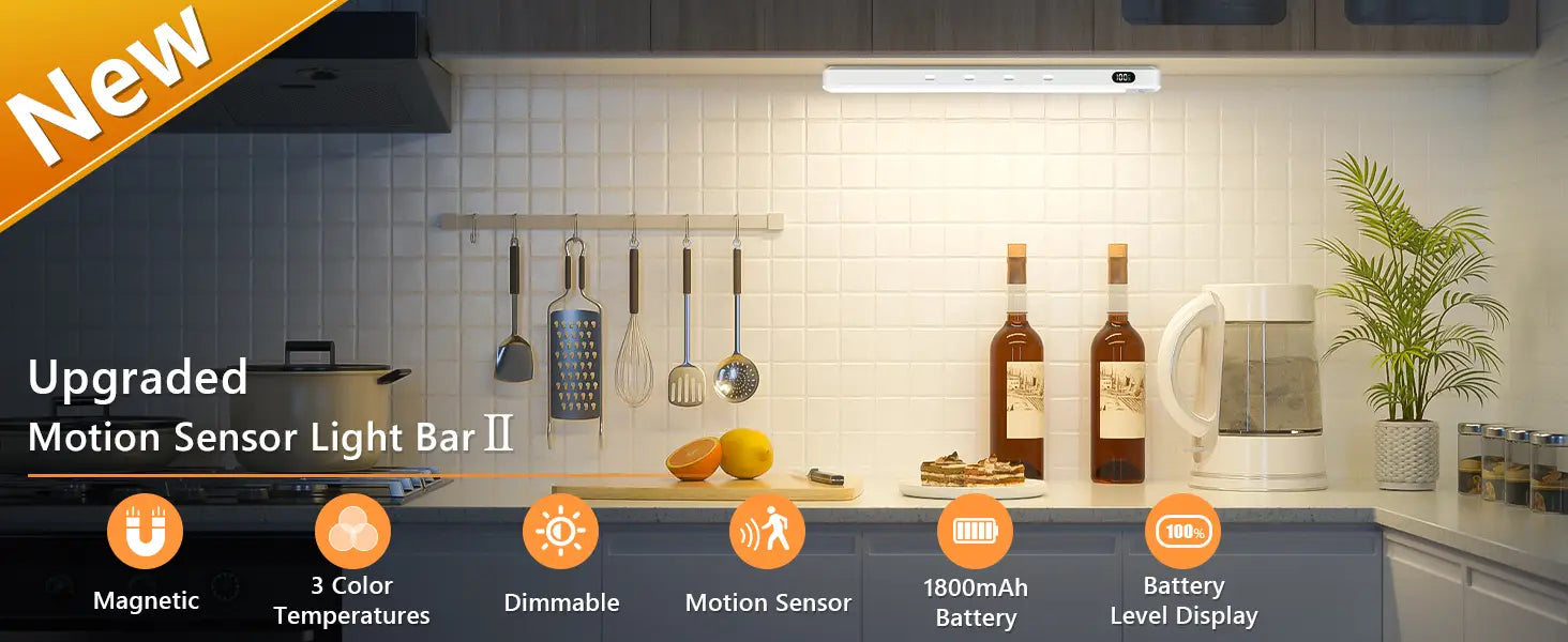 White rechargeable motion sensor led light bar with sleek modern design and magnetic mounting shown from a front angle