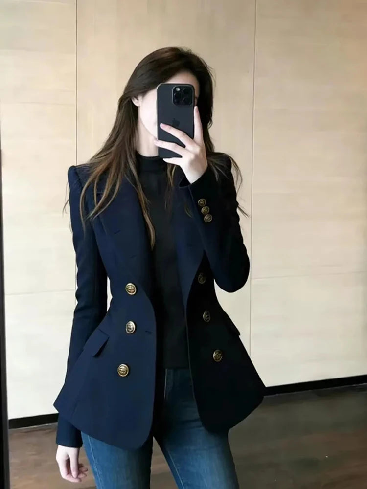 French High-grade Navy Blue Double-Breasted Blazer Jacket Outwear Women's 2026 Spring New Fashion Loose Commuter Suit Jacket Top