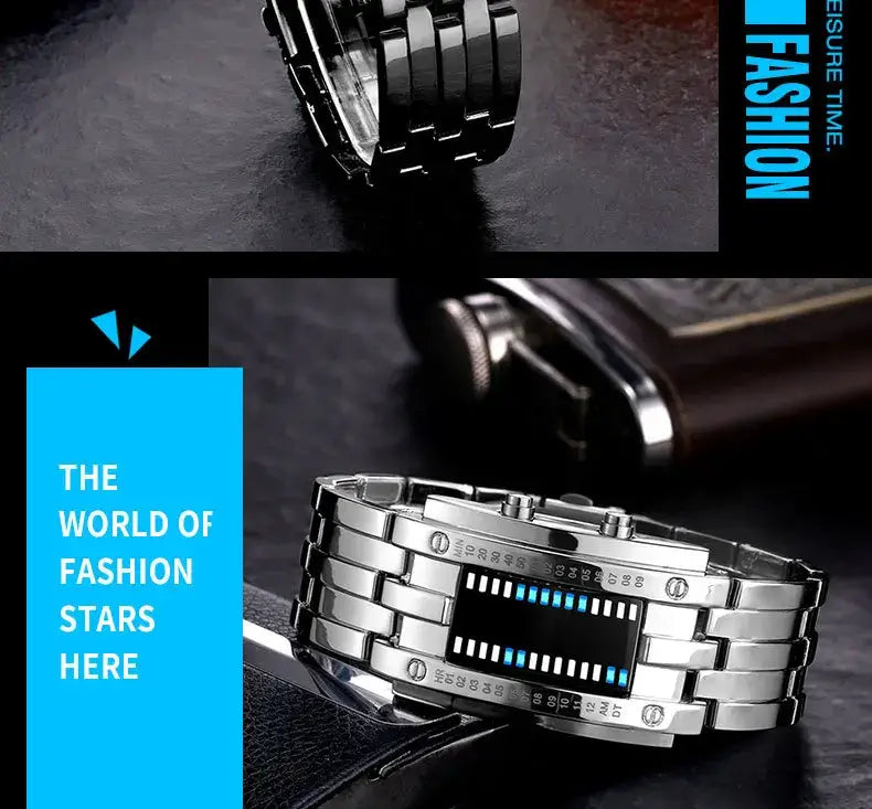 Silver-toned binary led stainless steel waterproof men watch with a sleek rectangular face displaying blue led numerals and a metallic link bracelet.