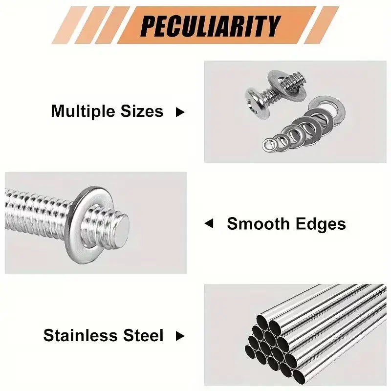 stainless steel flat washer assorted kit 1250pcs featuring stainless steel screws with smooth edges and matching washers in multiple sizes.