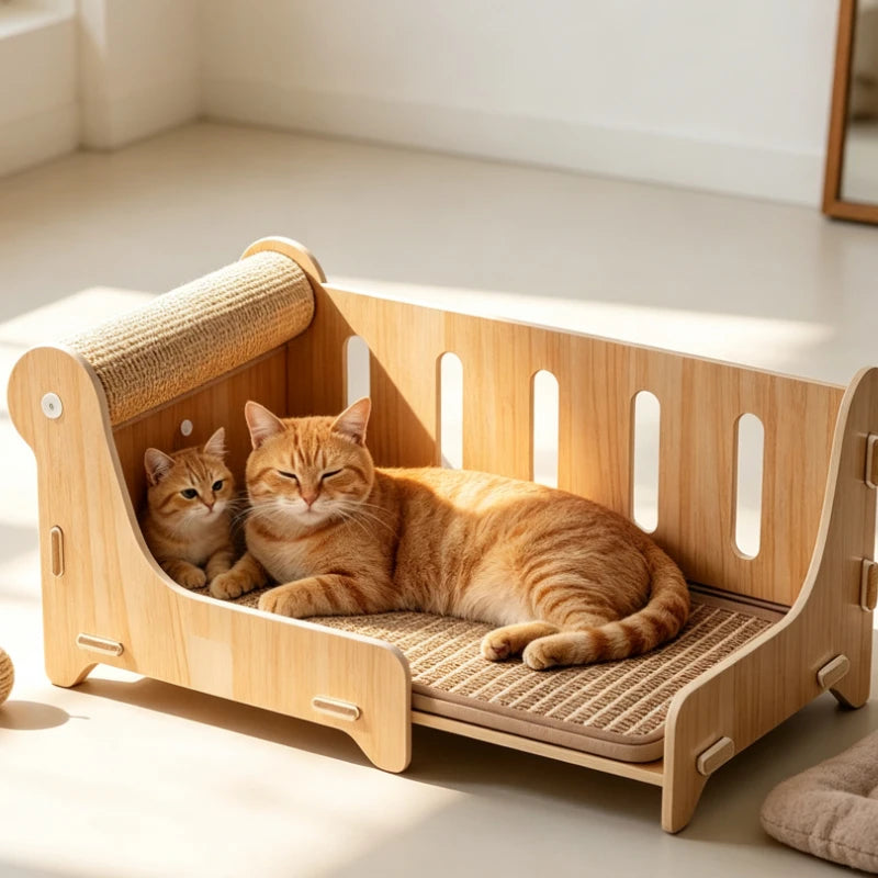 Large Wooden Cat Bed With Sisal Scratching Post Lounge Sofa Furniture For Indoor Pets Living Room Summer Cooling Pet Supplies