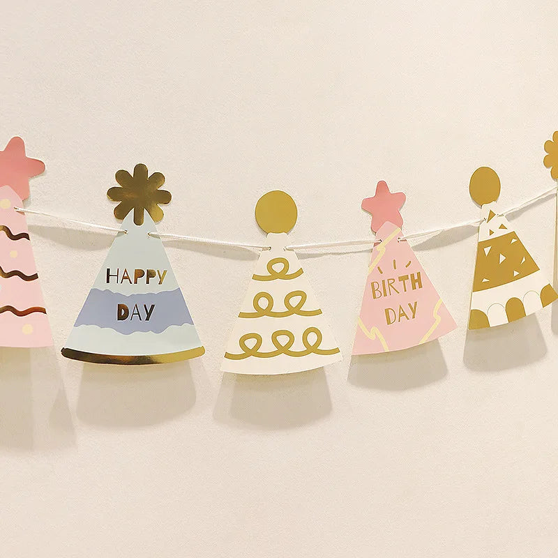 Baby Shower Birthday Hat Flags Children's Day Happy Birthday Party Decorations Photo Props Bunting Banners Fashion Paper Garland